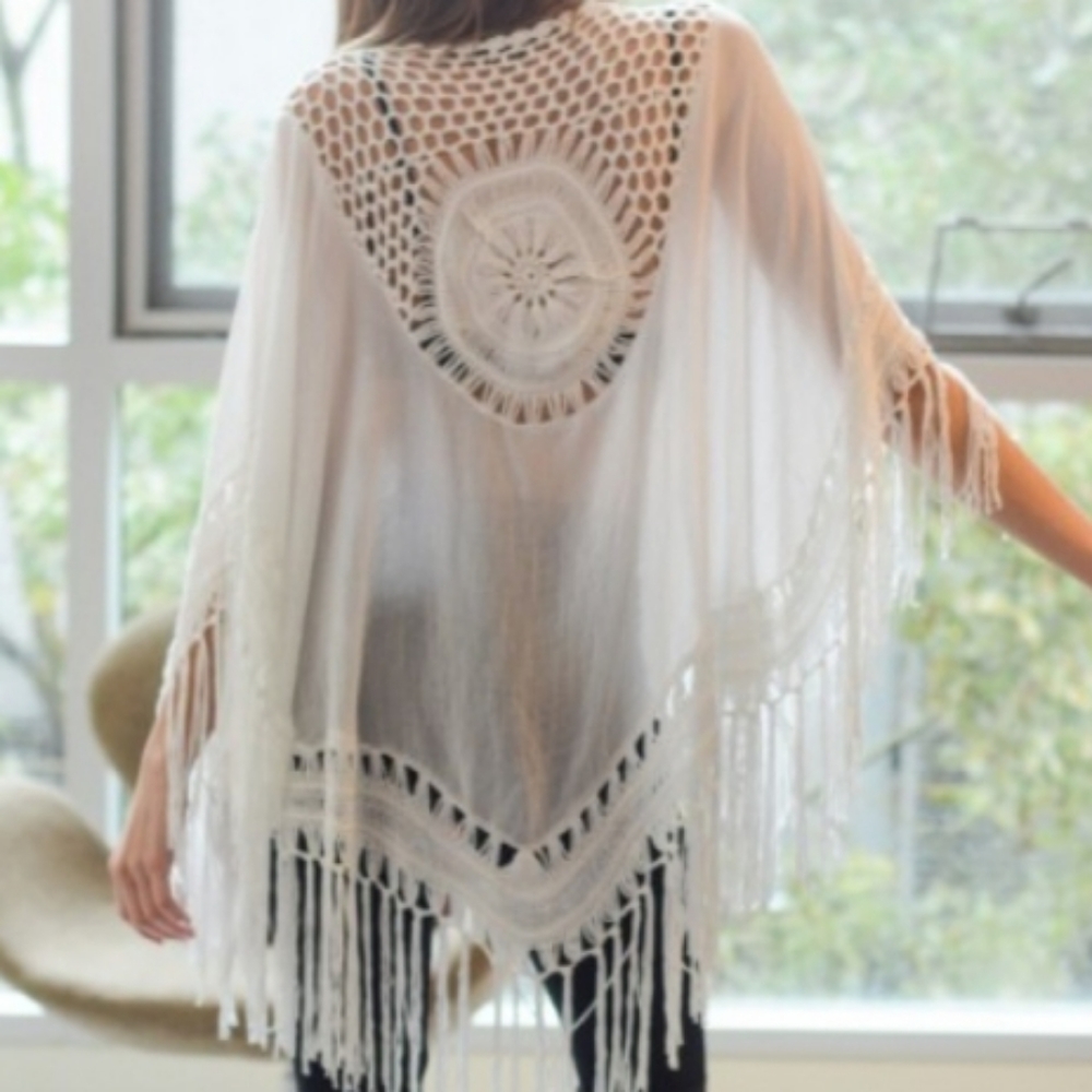 Ivory Crochet Medallion Tassel Kimono
